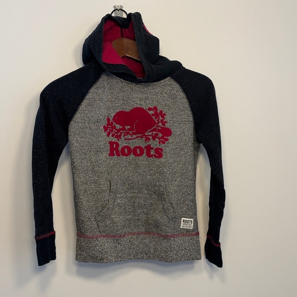 Roots Two-Tone Gray & Black Hoodie with Maroon Logo